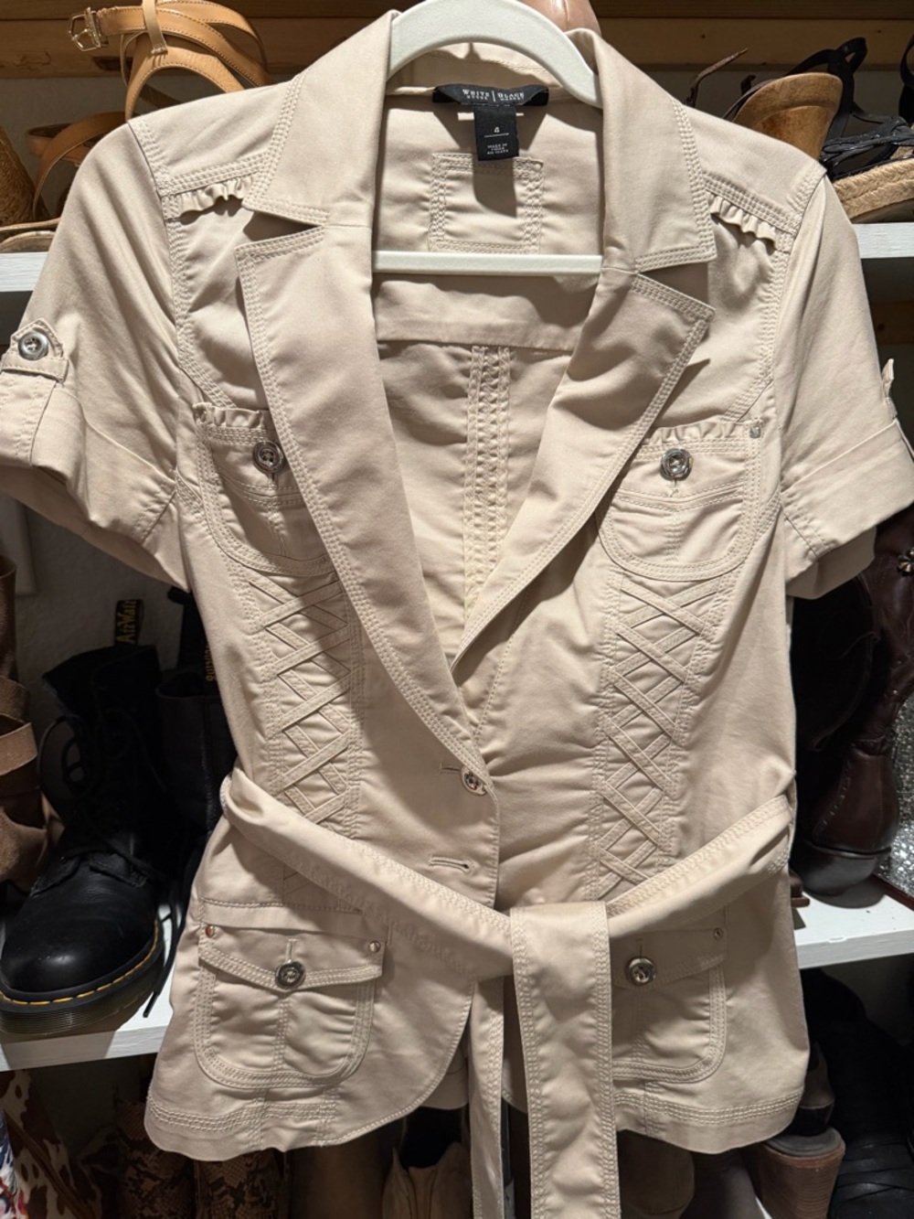 White House Black Market Short-Sleeve Beige Tie-Waist Utility Blazer